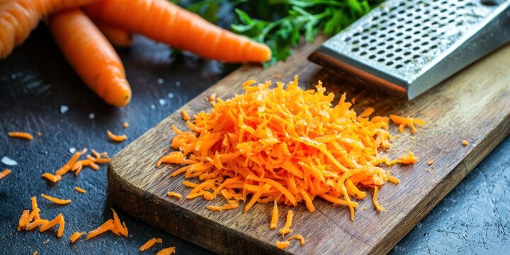 freshly grated carrot on a chopping board 