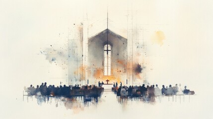 Fototapeta premium Watercolor illustration of a congregation gathered in worship before a glowing altar, symbolizing unity and faith.