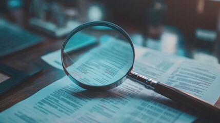 Magnifying glass placed on financial documents with charts and graphs, highlighting data