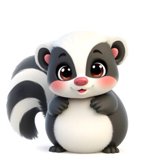 Obraz premium Skunk – 3D baby skunk, fluffy tail with soft stripes, round body, big expressive eyes, pastel black and white tones, white background Generative AI