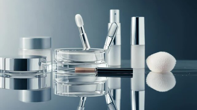 A set of stylish skincare tools arranged on a reflective surface. digital
