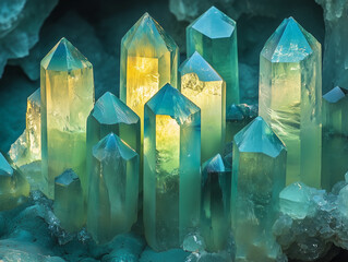 Un ensemble de cristaux en forme de prismes pyramidaux de couleur bleu vert