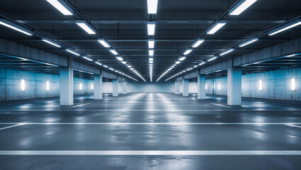 Empty parking garage illuminating with bright lights