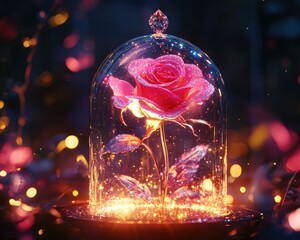 A vibrant rose encased in a glass dome, surrounded by sparkling lights and petals, creating a magical atmosphere, perfect for romantic or fantasy-themed projects