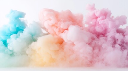 Fototapeta premium A dramatic ink explosion featuring vibrant pastel clouds of pink, blue, and purple in motion against a clean sky-blue background, perfect for artistic and abstract visual themes