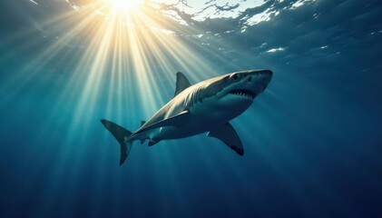 Fototapeta premium Great white shark, sunbeams pierce deep blue water, beautiful, sun ray