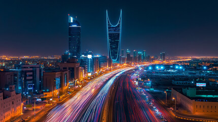 Fototapeta premium A beautifully long-exposure photograph capturing the illuminated KAFD district in Riyadh