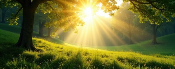 Obraz premium Panoramic landscape with sunlight filtering through trees, forest, light