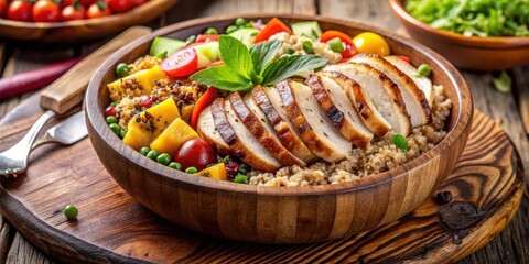 Brown quinoa and mixed vegetables are arranged in a wooden bowl with slices of grilled chicken on top, natural foods, quinoa salad
