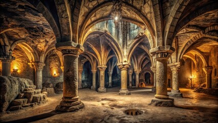 Obraz premium A dimly lit vaulted catacomb dungeon with ancient stone walls and a high ceiling, surrounded by stalactites and stalagmites, with a sense of mystery and age , stone walls, stalagmites