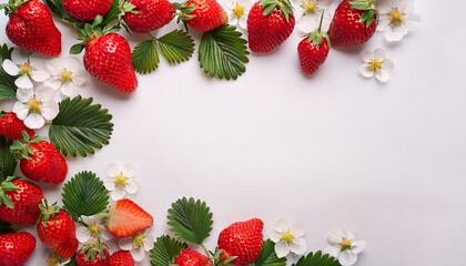 Strawberry season mockup, summer theme border, with free space for text. White plane background, red ripe berries on the upper side.