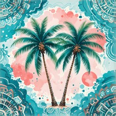 Tropical Paradise, Two Palm Trees on a Watercolor Background, Summer vacation, beach, tropical, palm trees, watercolor art