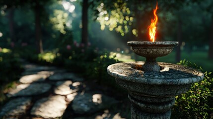 Serene garden scene featuring a stone fountain with a flame, surrounded by lush greenery and soft sunlight