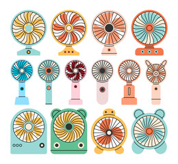 Electric Fan Illustration Flat design style, a colorful collection of various fan designs, ideal for electronics graphics, home appliance visuals, and summer-themed projects. © ORBSLAB