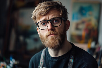 Generative AI depiction of a focused artist painting a vibrant canvas in a creative studio