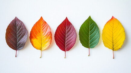 Showcasing the vibrant colors of leaves representing nature's beauty through the seasons in a symmetrical arrangement against a clean white backdrop