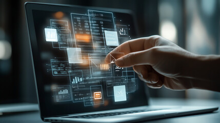 hand pushing a button on a touch screen interface