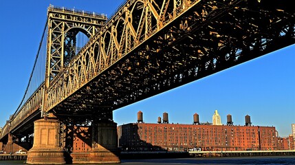Naklejka premium of steel beams and supports under a massive bridge, showcasing intricate structural details. steel beams, undercarriage, bridge structure, steel support, close-up, industrial design, engineering, 
