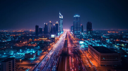 Fototapeta premium A beautifully long-exposure photograph capturing the illuminated KAFD district in Riyadh