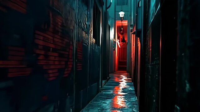 Financial criminals conduct exchanges in a dark alley illuminated by neon lights at night with graffiti on the walls reflecting a tense atmosphere