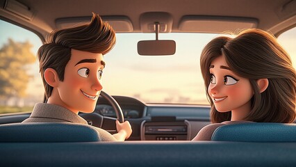 Animated couple drive automobile enjoying sunset adventure together