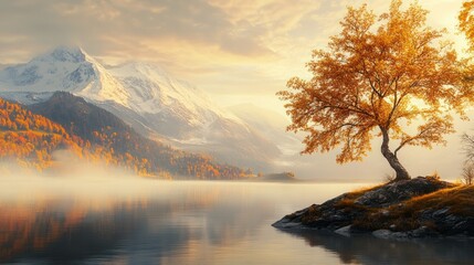 Autumn sunrise, lake, mountains, misty valley, serene landscape, nature wallpaper