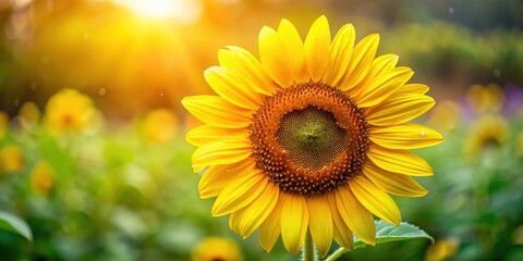 Fototapeta premium A bright yellow sunflower with a subtle smile and a few droplets of dew on its petals, welcoming the arrival of July , garden