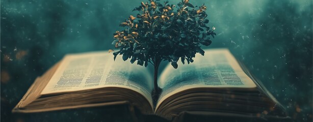 Whispers of Wisdom: An ancient book opens its pages to reveal a growing tree, symbolizing knowledge and growth, with ethereal ambiance.