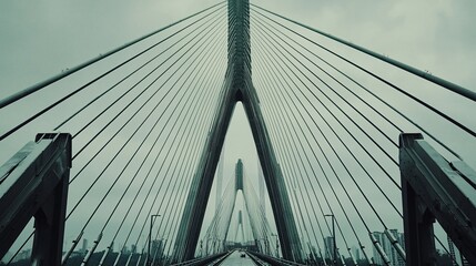 Naklejka premium view of a suspension bridge's steel cables and metal supports. bottom view, suspension bridge, steel cables, metal supports, industrial design, structural engineering, detailed shot, bridge 