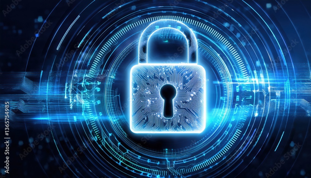 Poster neon-lit futuristic padlock embedded in an advanced ai-driven security interface on a circuit