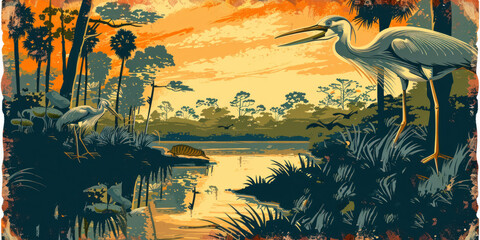 Retro Tin Sign Travel Poster of Everglades National Park, Florida, Featuring Lush Wetlands, Wildlife, and Distressed Vintage Texture, Vector Illustration..