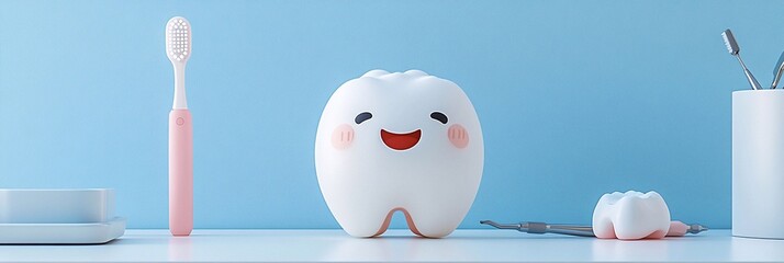 
A cute toothbrush with an adorable smile is placed on the table, next to it stand dental tools and a teeth model. 