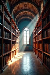 Fototapeta premium Sunlight streams through arched ceiling onto towering bookshelves in a narrow library aisle , study, arched ceiling, vintage