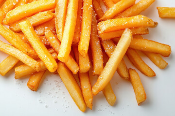 Plate of salty French fries, appetizing and crispy, set on a rustic wooden table.