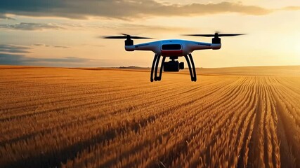 AI farming drone monitors crops in vast golden fields at sunset effectively enhancing agricultural productivity - Powered by Adobe