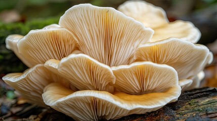 Close-up of a cluster of delicate, light beige mushrooms with intricate, ribbed gills