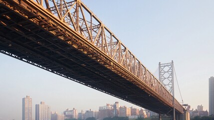 Obraz premium perspective of a modern steel bridge undercarriage with clean lines and geometric patterns. modern steel bridge, symmetrical perspective, geometric patterns, clean lines, metal beams, urban 