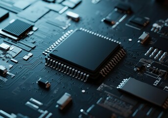 Fototapeta premium Close-up of a microchip on a circuit board showcasing intricate details