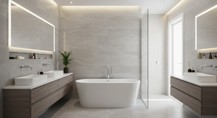 A serene modern bathroom sanctuary, featuring a freestanding bathtub and sleek double vanities, bathed in soft, natural light.