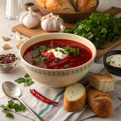 A large bowl of Ukrainian borscht with garlic bread and herbs