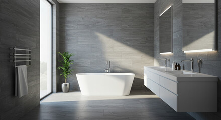 A serene modern bathroom sanctuary, bathed in sunlight, featuring a freestanding tub and sleek minimalist vanity, creating a tranquil and luxurious atmosphere.