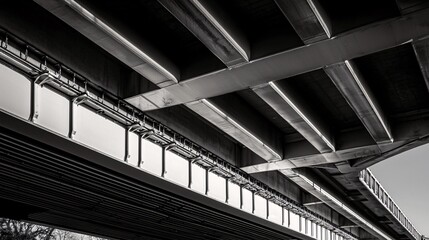 perspective of a cantilever bridge undercarriage with deep shadows and strong structural lines. cantilever bridge, dramatic perspective, deep shadows, structural lines, steel framework, engineering 