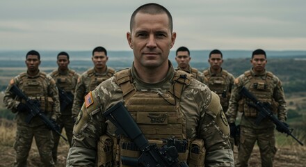 Fototapeta premium Group of soldiers in tactical gear standing confidently on a hilltop with a cloudy sky