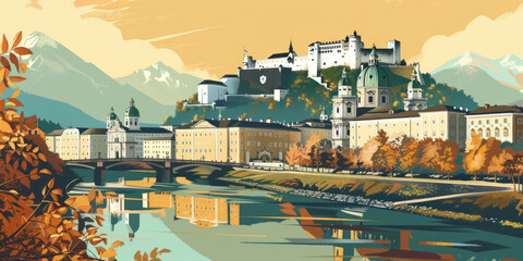 Fototapeta premium Retro tin sign travel illustration. Salzburg, Austria, 
