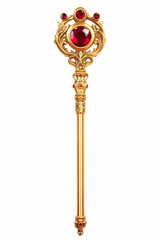 A golden royal scepter with red gems for a monarch, isolated on white  -  