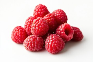 A small pile of fresh red raspberries sits upon a white surface