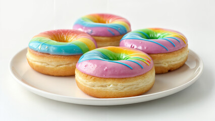 Four donuts with colored icing, on a white plate