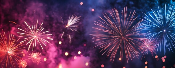 Naklejka premium Fireworks Spectacle: An awe-inspiring display of vibrant fireworks illuminates the night sky, filling it with bursts of color, creating a mesmerizing experience