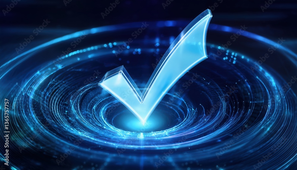 Poster close-up of a futuristic checkmark rotating in a swirling digital data vortex displaying motion