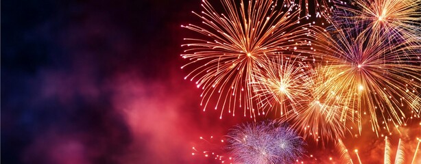 Obraz premium Celebratory Fireworks Burst: Dynamic bursts of fireworks illuminate the night sky, painted with vivid colors and explosive patterns, perfect for conveying moments of joy and festive occasions.